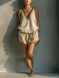 Sunny | Women's Beige Linen-Blend Contrast Trim V-Neck Tank Top & Khaki Shorts Two-Piece Set oaklynwear