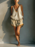 Sunny | Women's Beige Linen-Blend Contrast Trim V-Neck Tank Top & Khaki Shorts Two-Piece Set oaklynwear