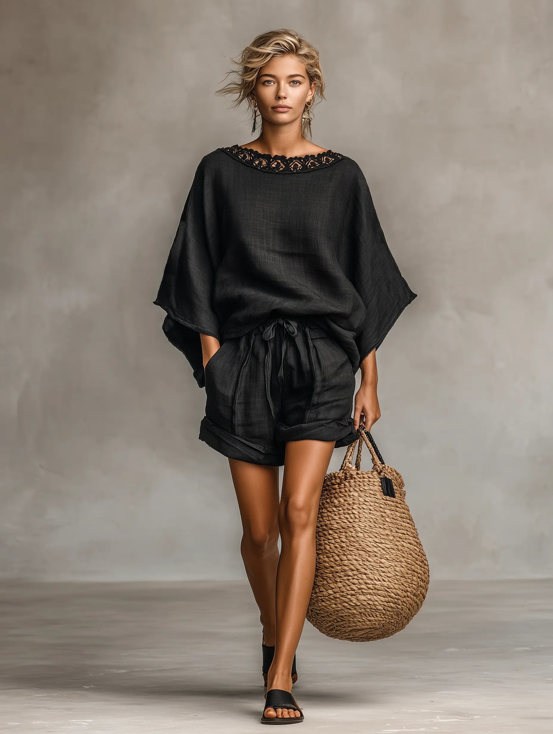 Penny | Women's Minimalist Linen Blend Lace Boat Neck Blouse And Shorts Set oaklynwear