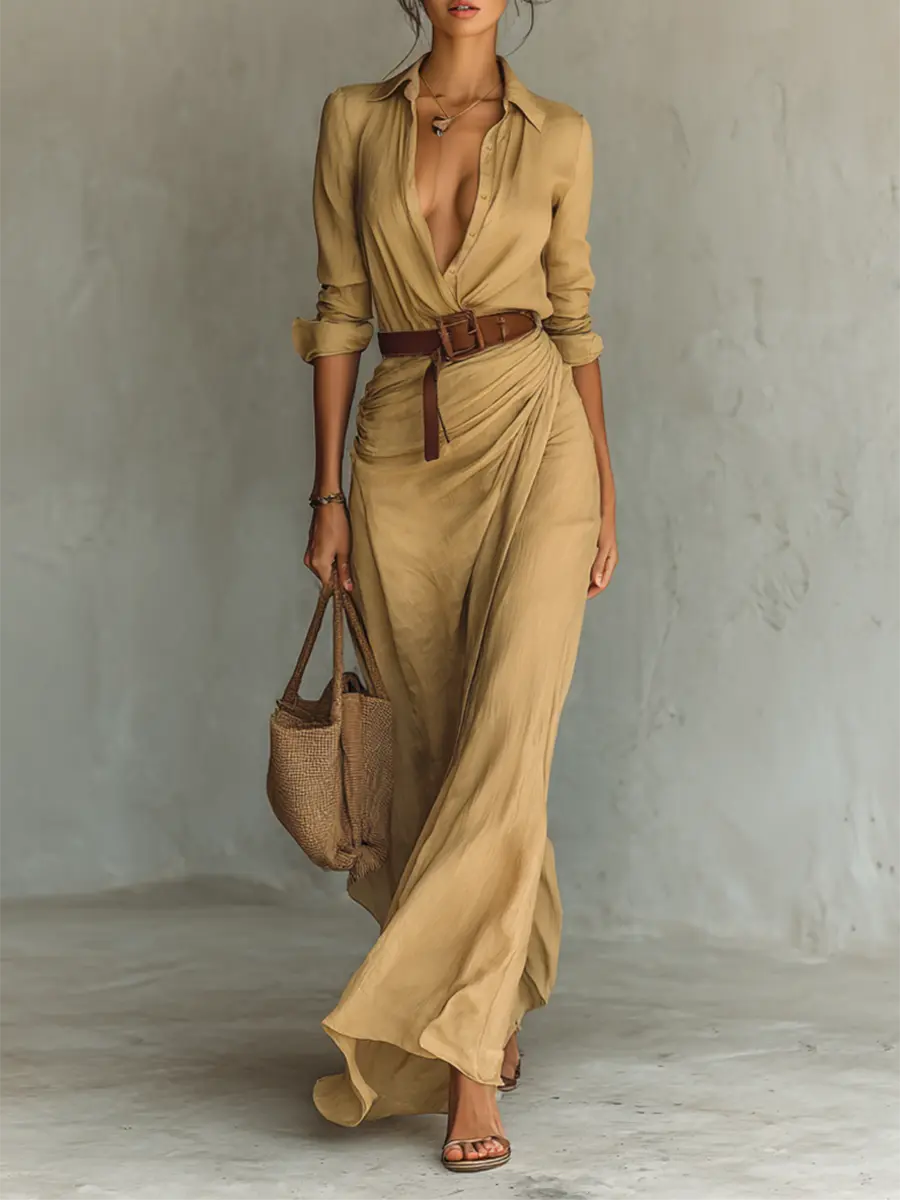 Helena | Ladies Lapel Single Breasted Long Sleeve Belted Maxi Dress oaklynwear