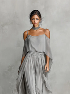 Simone | Women's Breathable Chiffon Set With Cold-Shoulder Detail & Flared Silhouette oaklynwear