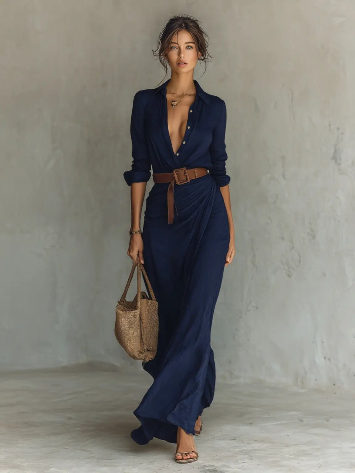 Helena | Ladies Lapel Single Breasted Long Sleeve Belted Maxi Dress oaklynwear