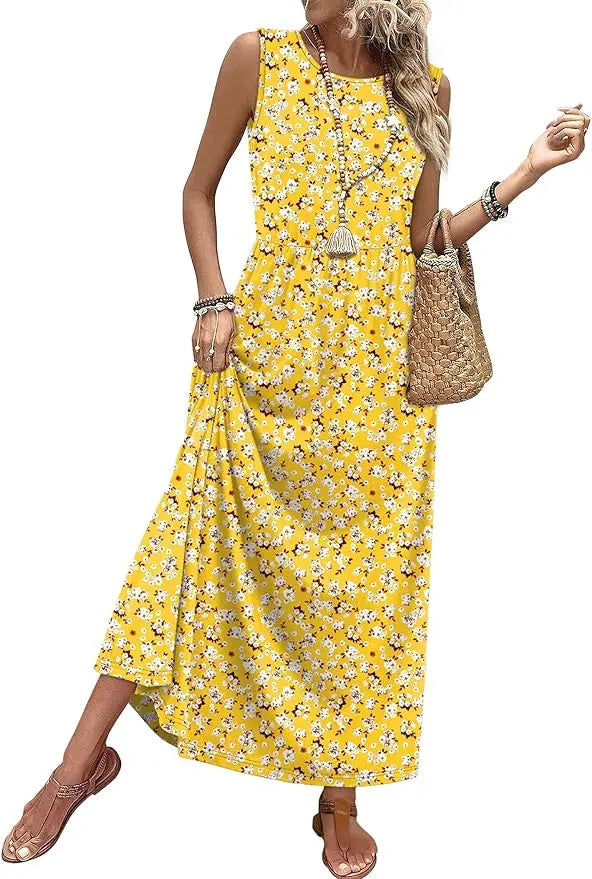 Penny™ | Women's Flowy A-Line Maxi Dress with Pockets – Elastic Waist Sleeveless Beach Sundress oaklynwear