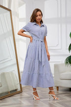 Stripe™ | Women's Striped Button-Down Maxi Shirt Dress – Tie Waist Ruffle Hem A-Line Dress oaklynwear