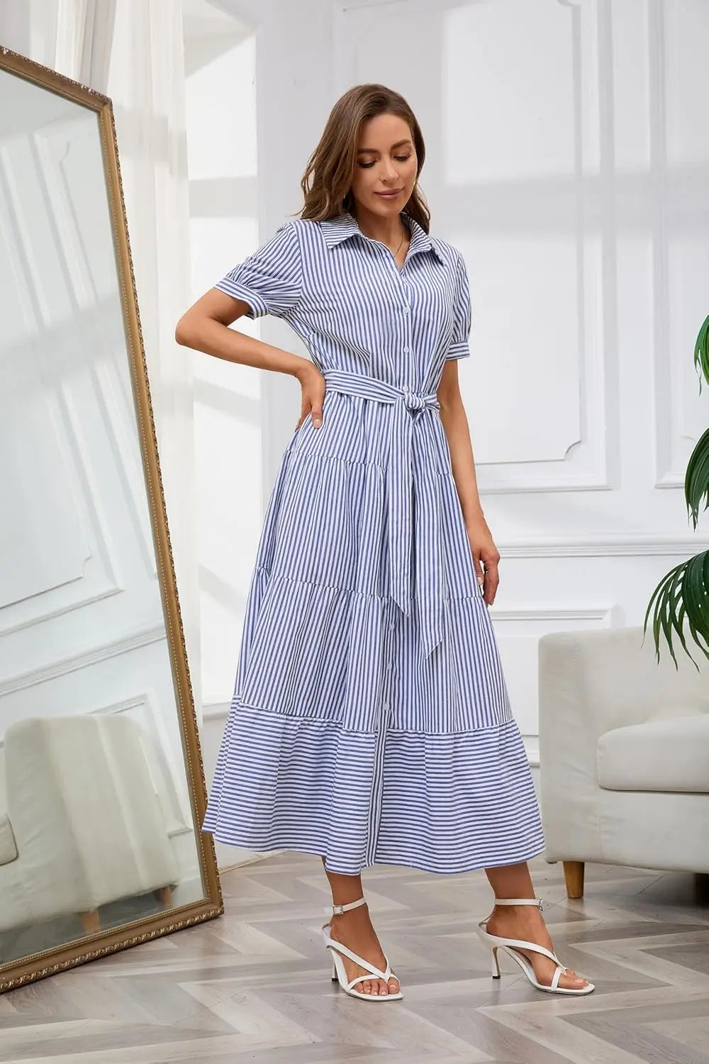 Stripe™ | Women's Striped Button-Down Maxi Shirt Dress – Tie Waist Ruffle Hem A-Line Dress oaklynwear