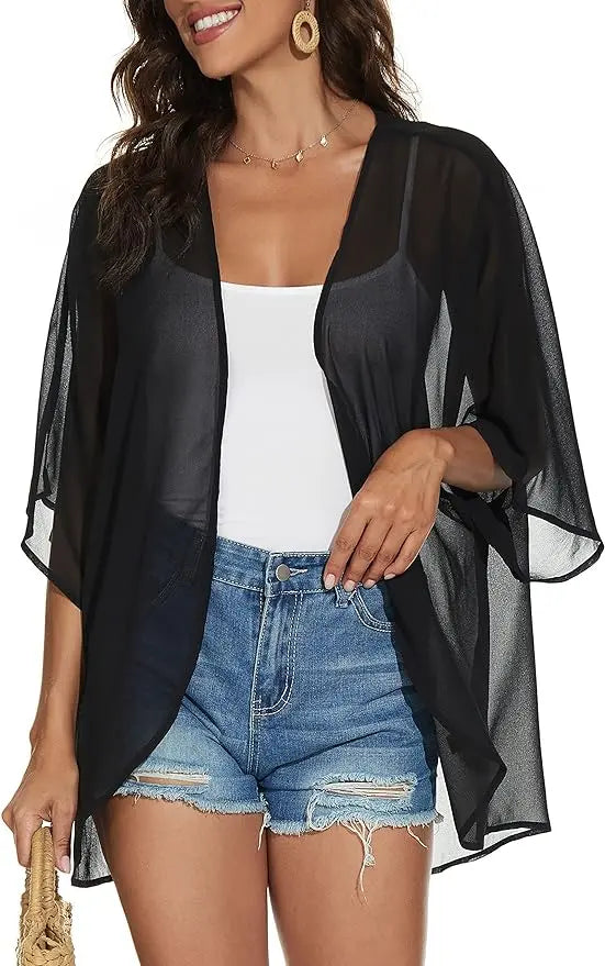 Kaia™ | Women's Floral Kimono Cardigan – Chiffon Puff Sleeve Open Front Beach Cover Up oaklynwear