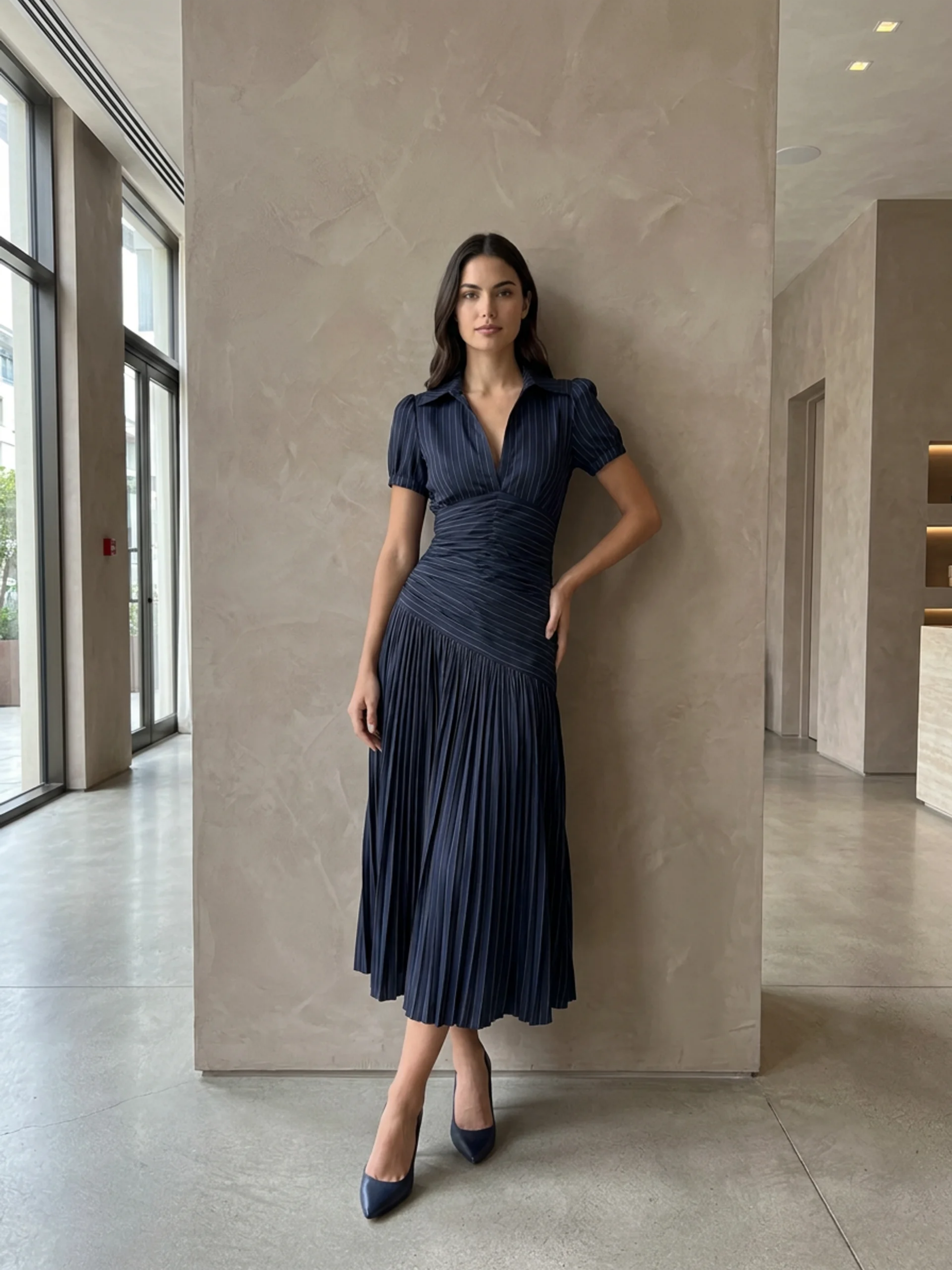 Monroe | Satin Pleated Lapel Midi Dress oaklynwear
