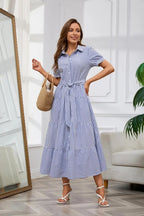 Stripe™ | Women's Striped Button-Down Maxi Shirt Dress – Tie Waist Ruffle Hem A-Line Dress oaklynwear