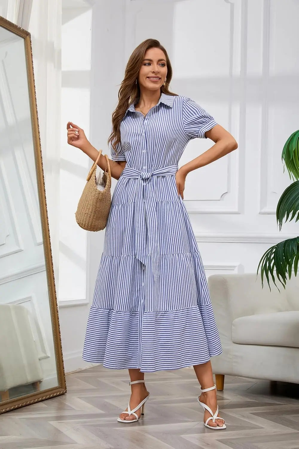 Stripe™ | Women's Striped Button-Down Maxi Shirt Dress – Tie Waist Ruffle Hem A-Line Dress oaklynwear
