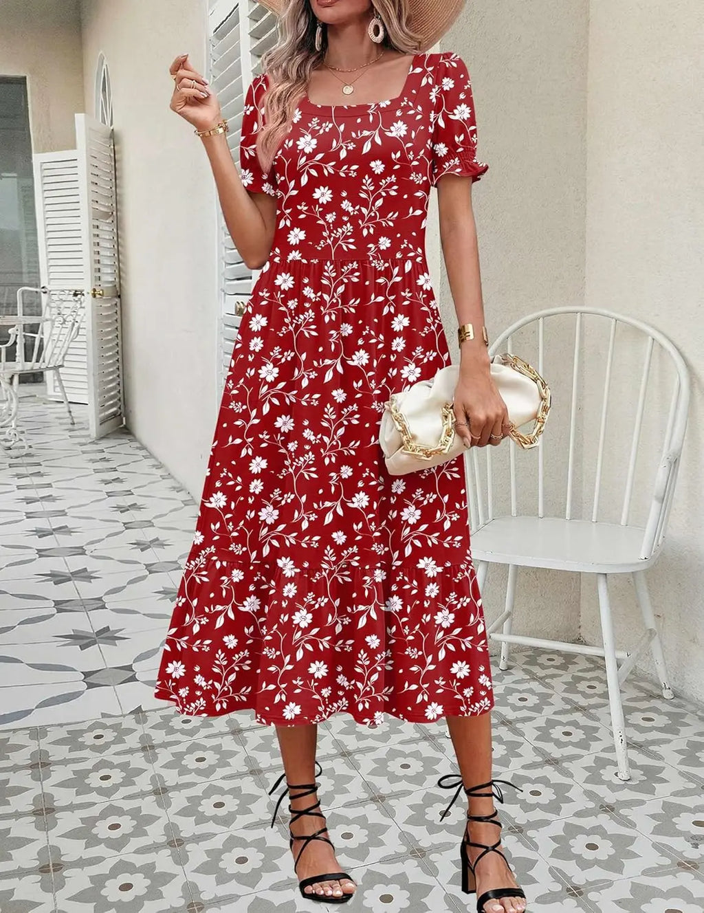 Puff™ | Women's Tiered Midi Dress with Pockets – Square Neck Puff Sleeve Flowy Beach Sundress oaklynwear