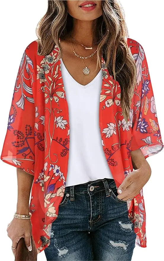Kaia™ | Women's Floral Kimono Cardigan – Chiffon Puff Sleeve Open Front Beach Cover Up oaklynwear