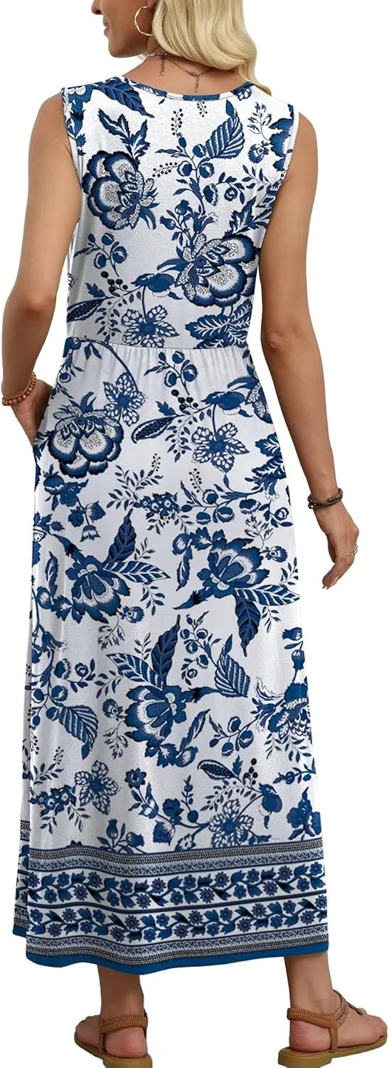 Penny™ | Women's Flowy A-Line Maxi Dress with Pockets – Elastic Waist Sleeveless Beach Sundress oaklynwear