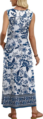 Penny™ | Women's Flowy A-Line Maxi Dress with Pockets – Elastic Waist Sleeveless Beach Sundress oaklynwear