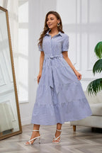 Stripe™ | Women's Striped Button-Down Maxi Shirt Dress – Tie Waist Ruffle Hem A-Line Dress oaklynwear