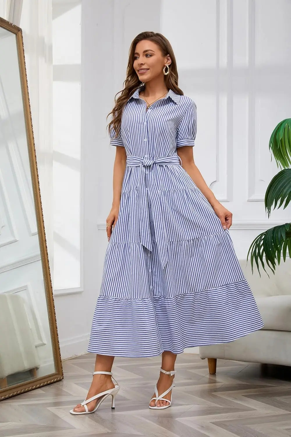 Stripe™ | Women's Striped Button-Down Maxi Shirt Dress – Tie Waist Ruffle Hem A-Line Dress oaklynwear