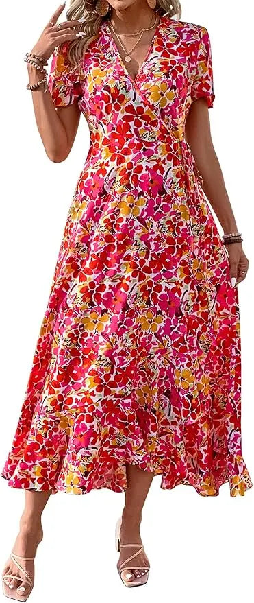 Remi™ | Women's Boho Floral Wrap Maxi Dress – V-Neck Short Sleeve High Split Beach Wedding Dress oaklynwear
