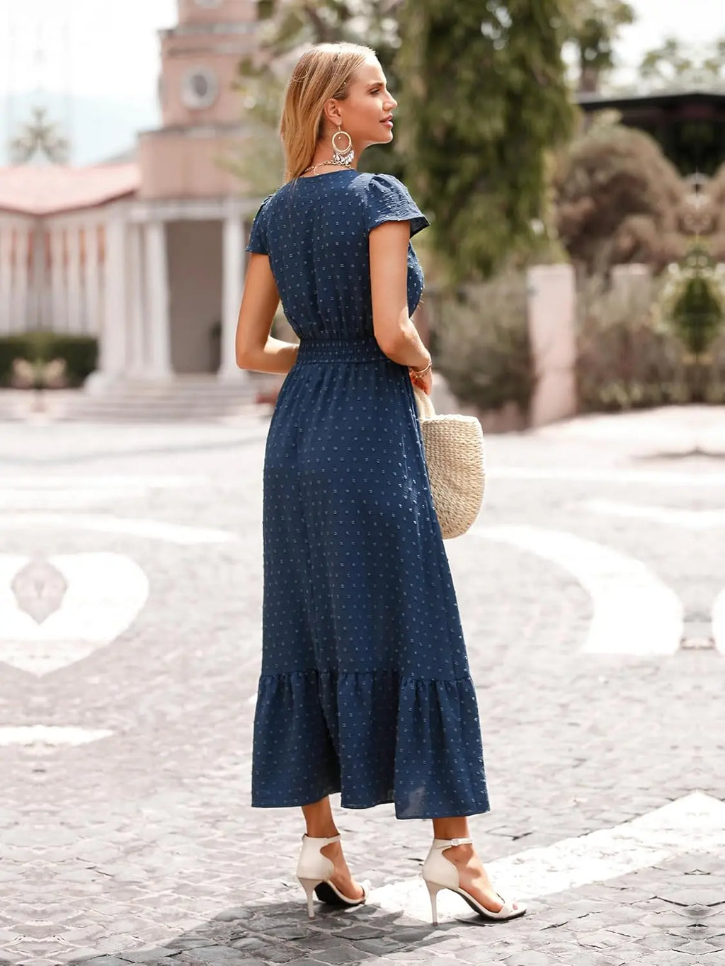 Dotty™ | Women's Swiss Dot Smocked Maxi Dress – V-Neck Short Sleeve Tiered Ruffle Boho Beach Dress oaklynwear