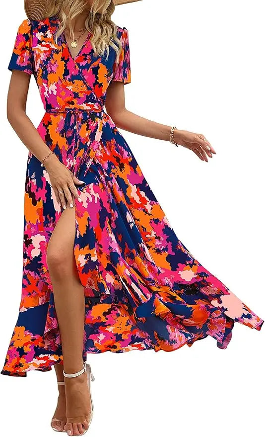 Remi™ | Women's Boho Floral Wrap Maxi Dress – V-Neck Short Sleeve High Split Beach Wedding Dress oaklynwear