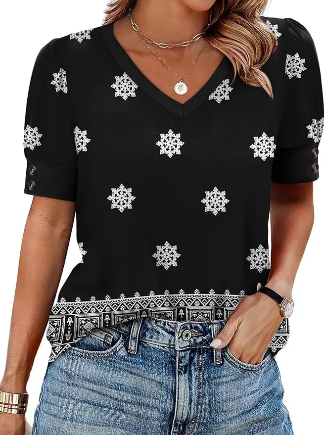 Bree™ | Women's Button-Accent V-Neck Blouse – Flowy Loose Fit Casual Top for Work & Everyday Wear oaklynwear
