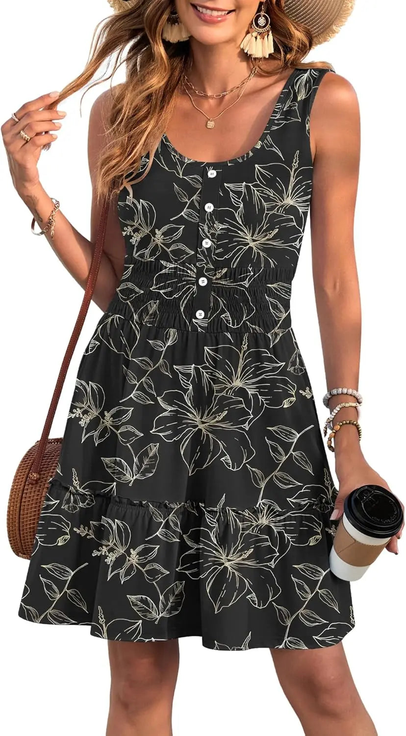 Dove™ | Women's Tiered Smocked Sundress with Pockets – Button Down Elastic Waist Beach Dress oaklynwear