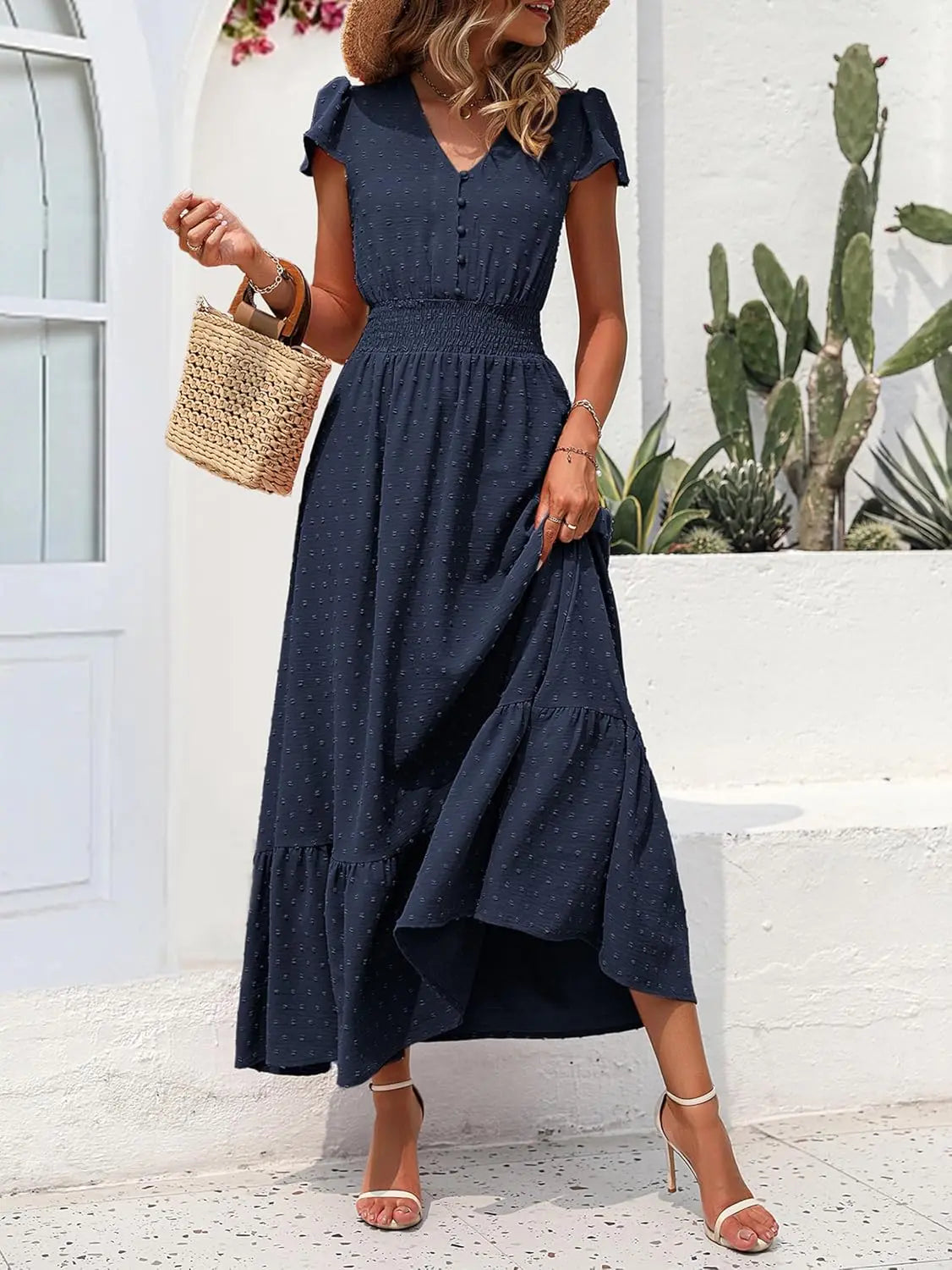Dotty™ | Women's Swiss Dot Smocked Maxi Dress – V-Neck Short Sleeve Tiered Ruffle Boho Beach Dress oaklynwear