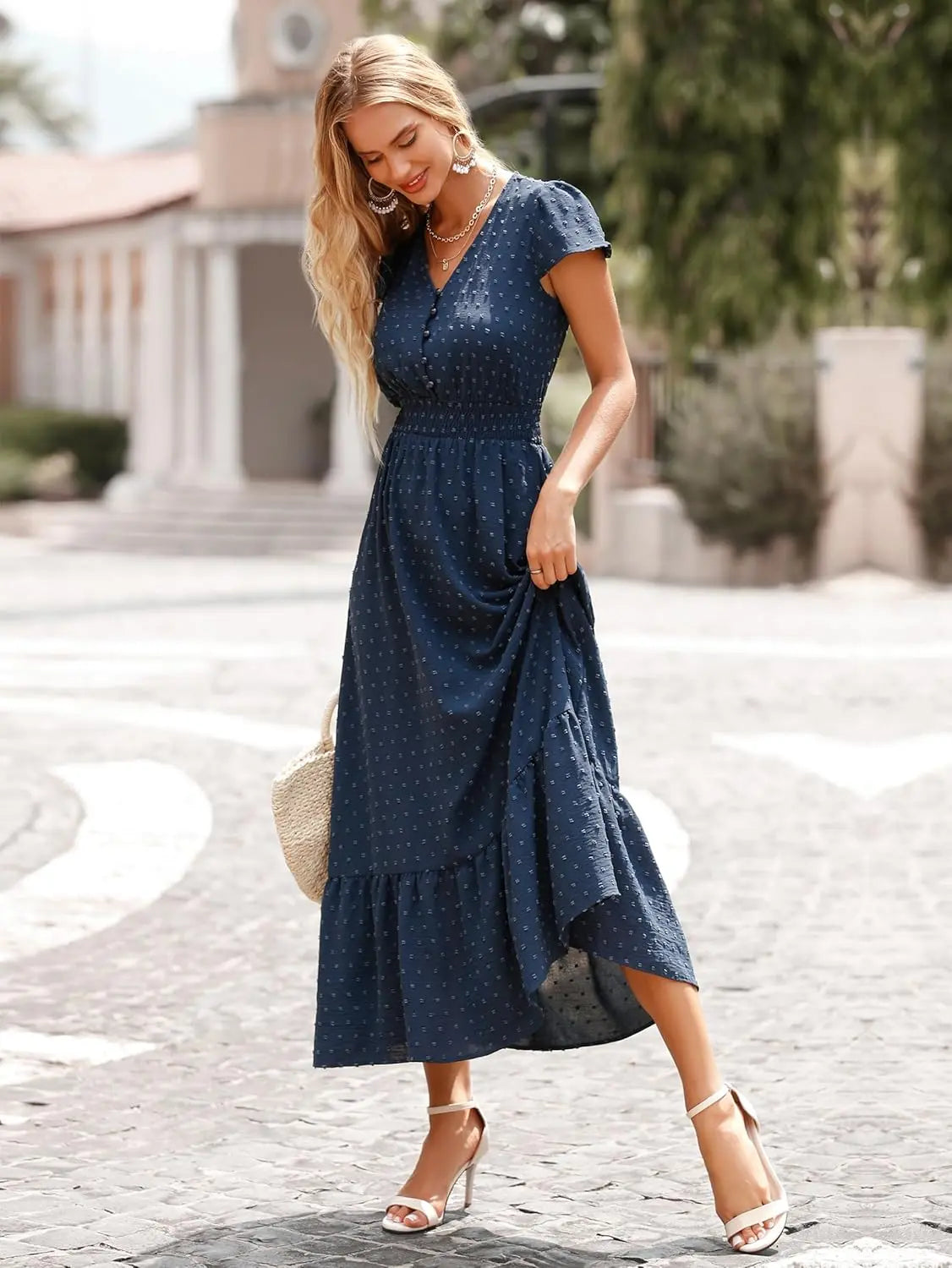 Dotty™ | Women's Swiss Dot Smocked Maxi Dress – V-Neck Short Sleeve Tiered Ruffle Boho Beach Dress oaklynwear