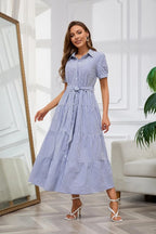 Stripe™ | Women's Striped Button-Down Maxi Shirt Dress – Tie Waist Ruffle Hem A-Line Dress oaklynwear