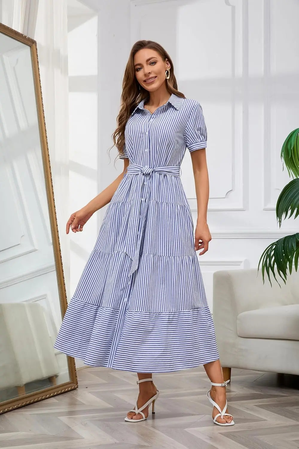 Stripe™ | Women's Striped Button-Down Maxi Shirt Dress – Tie Waist Ruffle Hem A-Line Dress oaklynwear