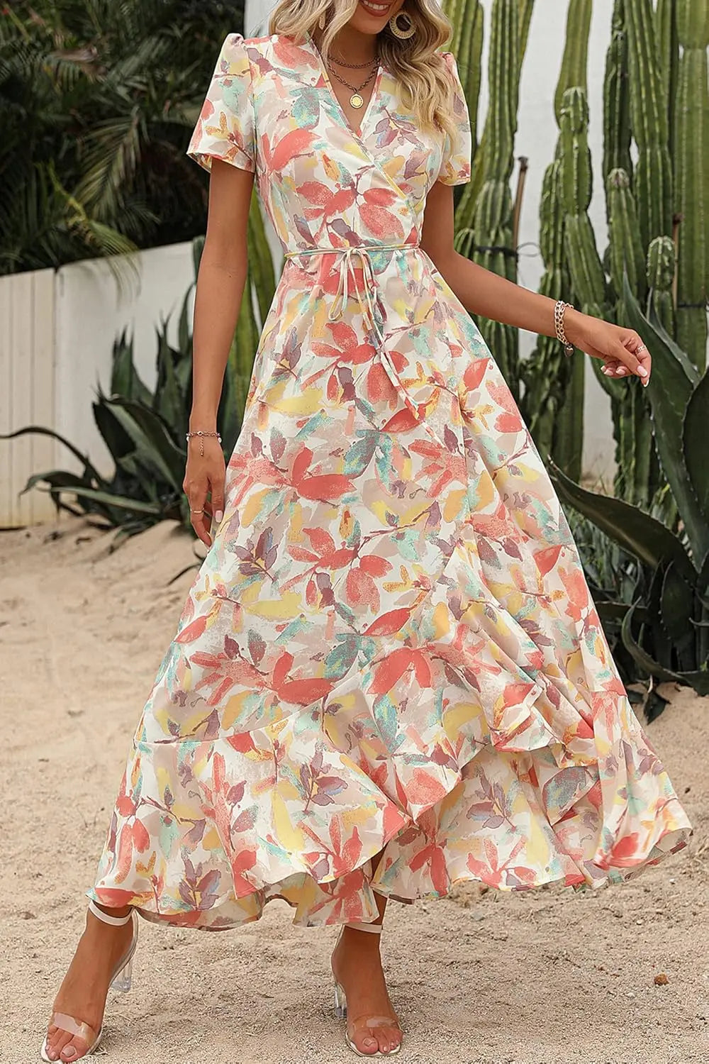 Remi™ | Women's Boho Floral Wrap Maxi Dress – V-Neck Short Sleeve High Split Beach Wedding Dress oaklynwear