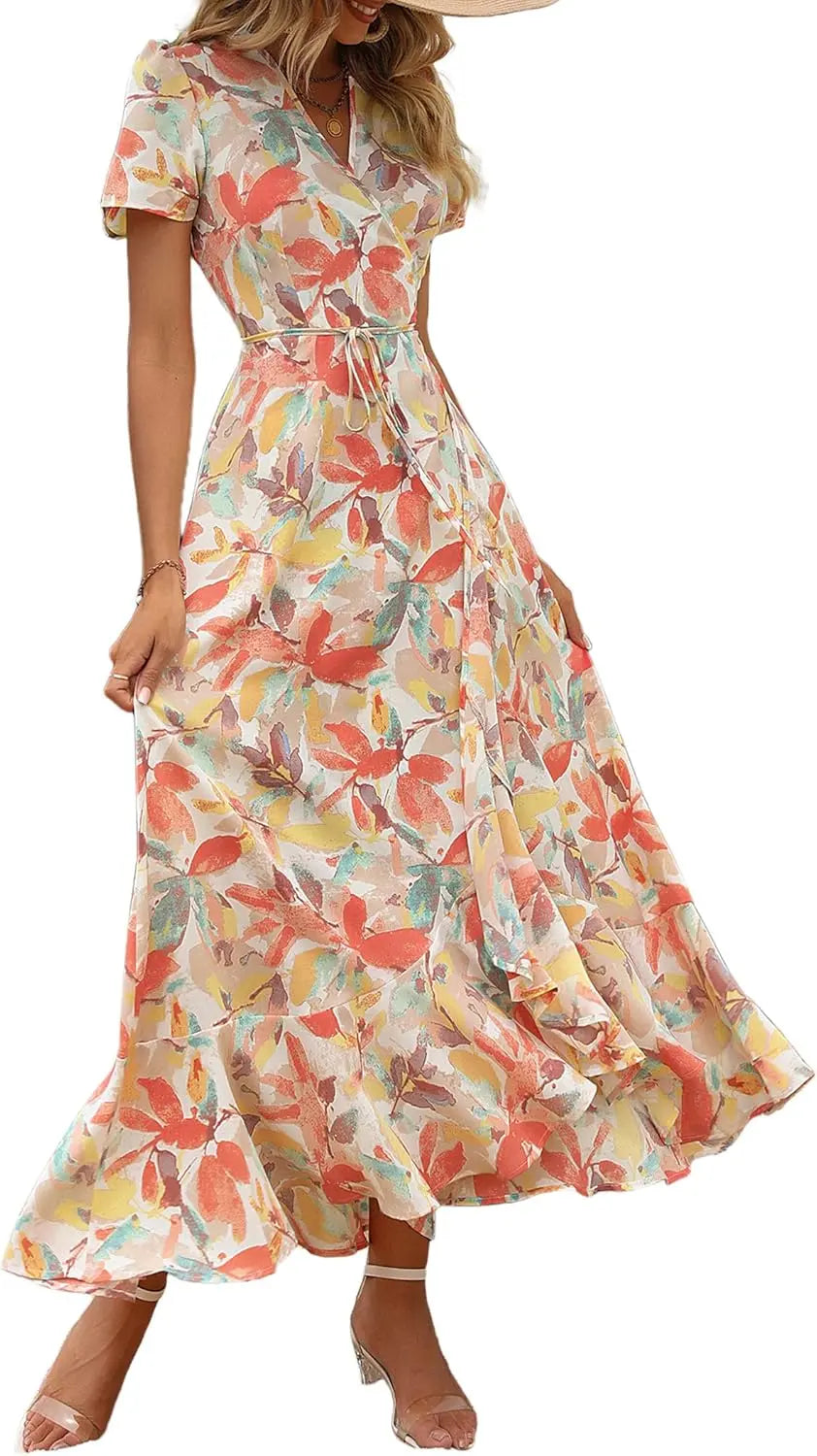 Remi™ | Women's Boho Floral Wrap Maxi Dress – V-Neck Short Sleeve High Split Beach Wedding Dress oaklynwear