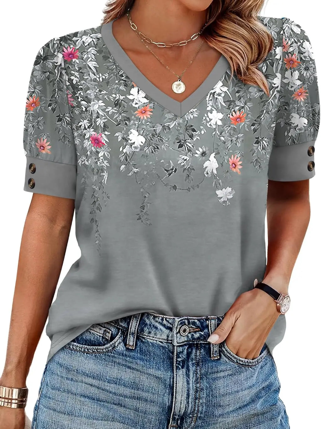 Bree™ | Women's Button-Accent V-Neck Blouse – Flowy Loose Fit Casual Top for Work & Everyday Wear oaklynwear