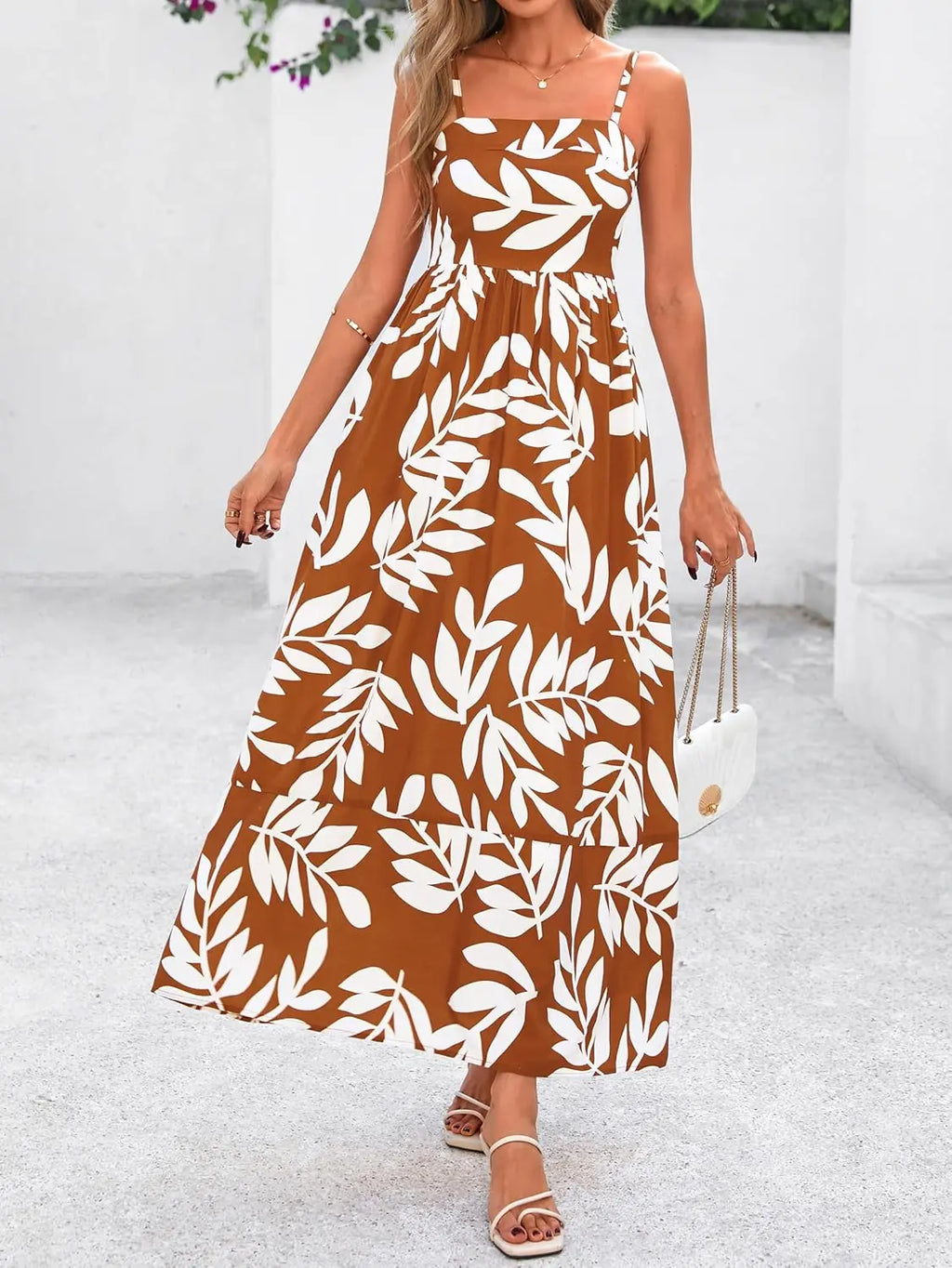 Flora™ | Women's Smocked Boho Floral Maxi Dress – Spaghetti Strap Square Neck Beach Sundress oaklynwear