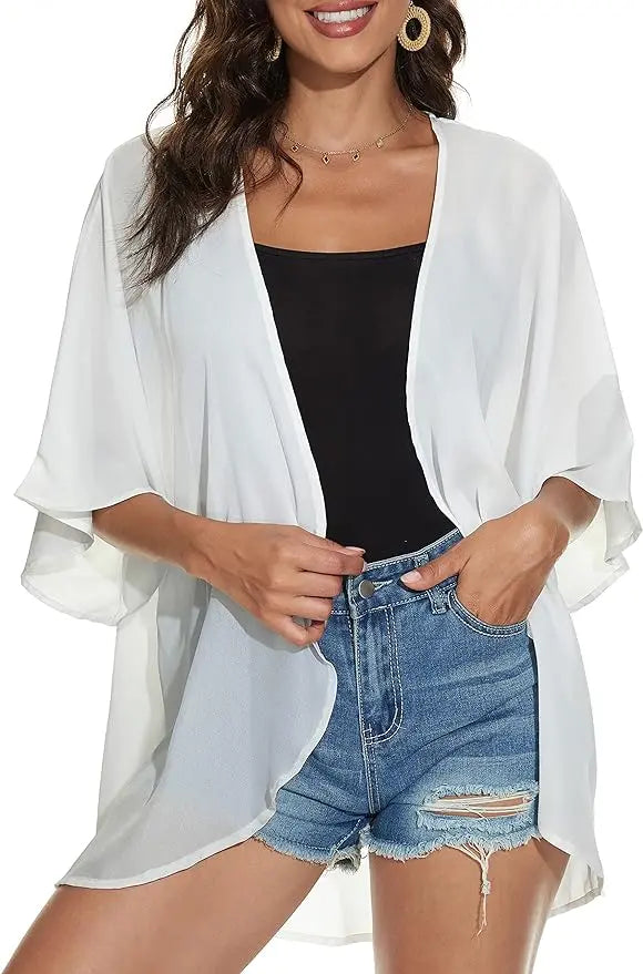 Kaia™ | Women's Floral Kimono Cardigan – Chiffon Puff Sleeve Open Front Beach Cover Up oaklynwear