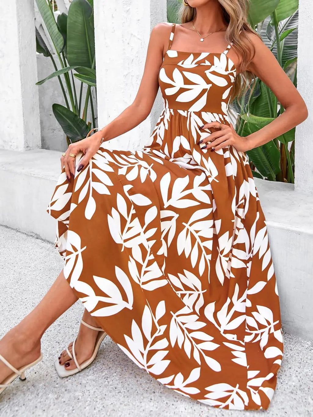 Flora™ | Women's Smocked Boho Floral Maxi Dress – Spaghetti Strap Square Neck Beach Sundress oaklynwear