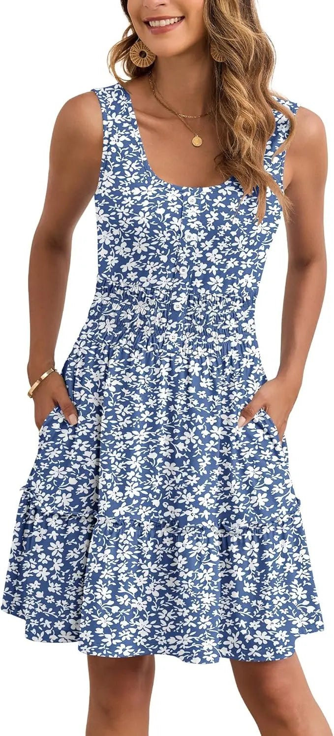 Dove™ | Women's Tiered Smocked Sundress with Pockets – Button Down Elastic Waist Beach Dress oaklynwear
