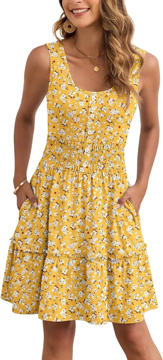 Dove™ | Women's Tiered Smocked Sundress with Pockets – Button Down Elastic Waist Beach Dress oaklynwear
