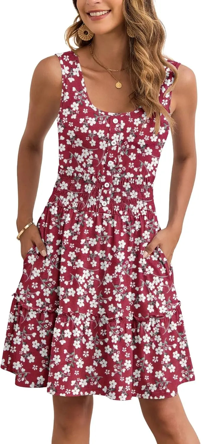 Dove™ | Women's Tiered Smocked Sundress with Pockets – Button Down Elastic Waist Beach Dress oaklynwear