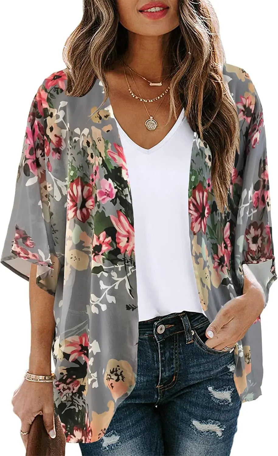 Kaia™ | Women's Floral Kimono Cardigan – Chiffon Puff Sleeve Open Front Beach Cover Up oaklynwear