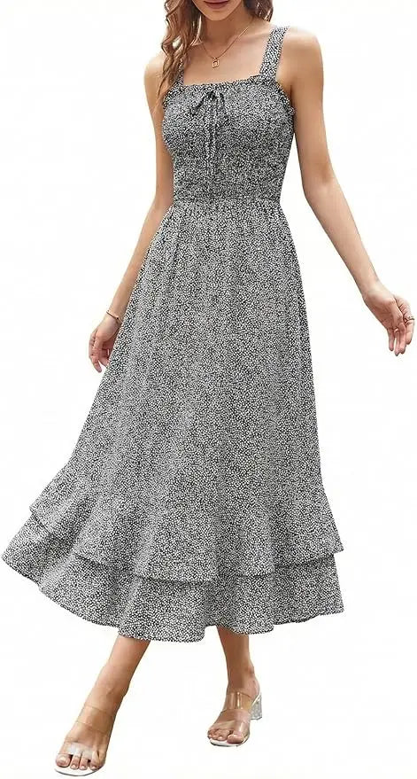 Sway™ | Women's Floral Smocked Maxi Dress – Square Neck Adjustable Strap Tiered Ruffle Beach Sundress oaklynwear