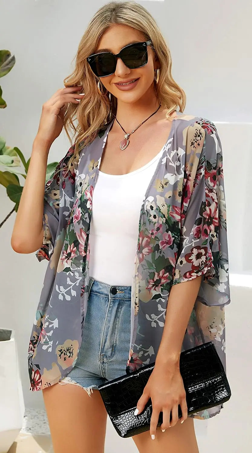 Kaia™ | Women's Floral Kimono Cardigan – Chiffon Puff Sleeve Open Front Beach Cover Up oaklynwear