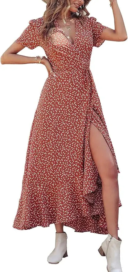 Remi™ | Women's Boho Floral Wrap Maxi Dress – V-Neck Short Sleeve High Split Beach Wedding Dress oaklynwear