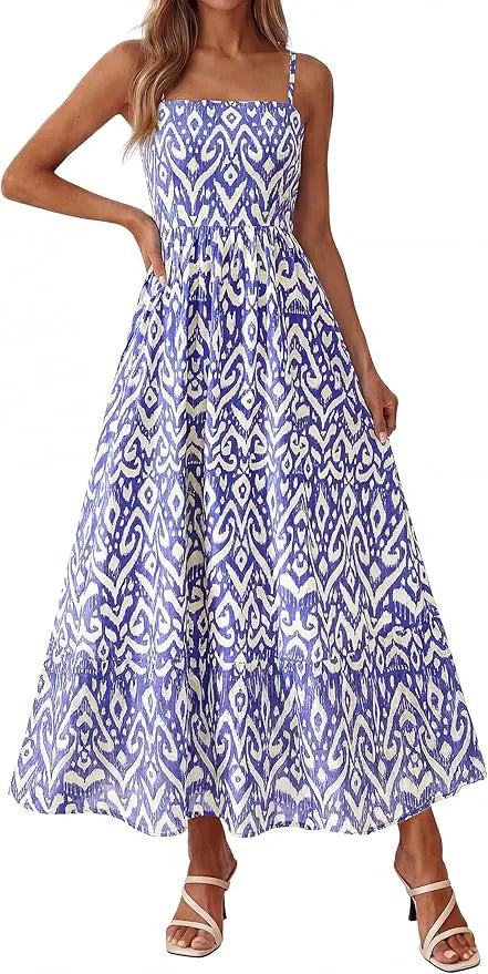 Flora™ | Women's Smocked Boho Floral Maxi Dress – Spaghetti Strap Square Neck Beach Sundress oaklynwear