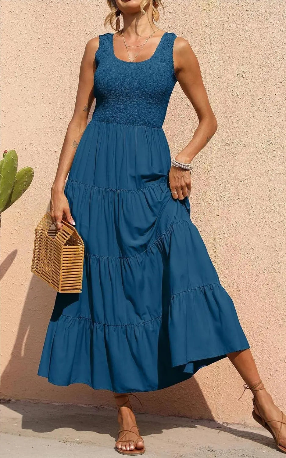 Tiara™ | Women's Smocked Tank Tiered Maxi Dress – Sleeveless Flowy A-Line Beach Sundress oaklynwear