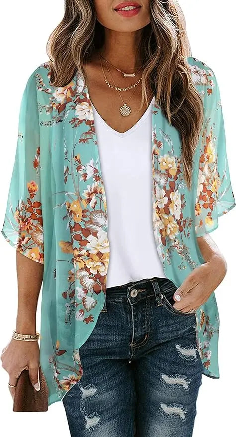 Kaia™ | Women's Floral Kimono Cardigan – Chiffon Puff Sleeve Open Front Beach Cover Up oaklynwear