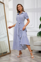 Stripe™ | Women's Striped Button-Down Maxi Shirt Dress – Tie Waist Ruffle Hem A-Line Dress oaklynwear
