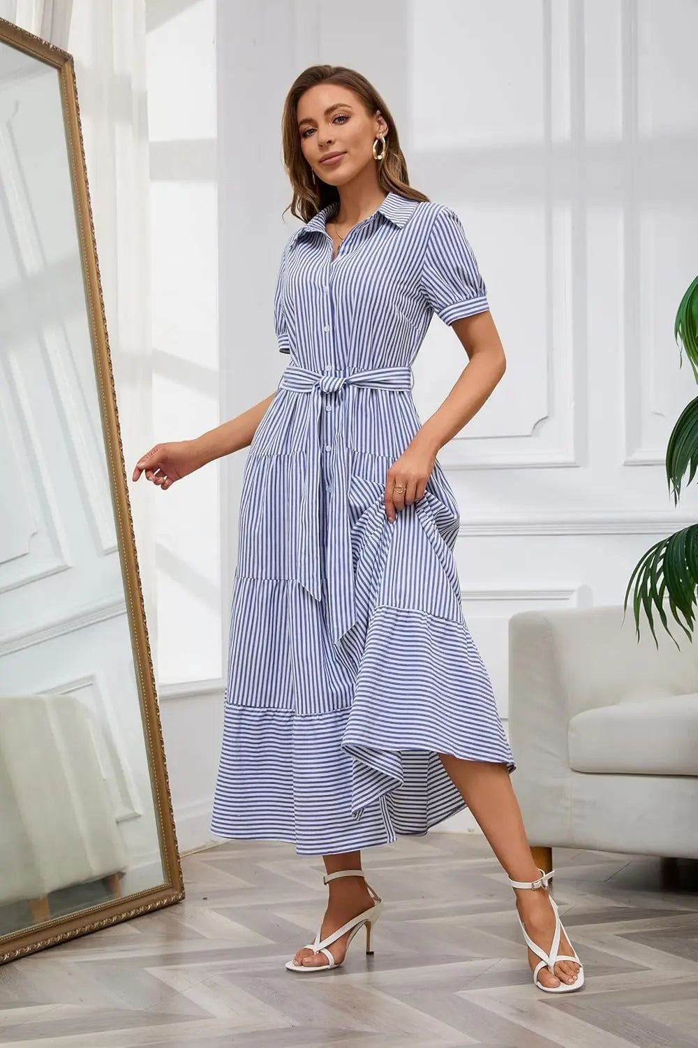 Stripe™ | Women's Striped Button-Down Maxi Shirt Dress – Tie Waist Ruffle Hem A-Line Dress oaklynwear