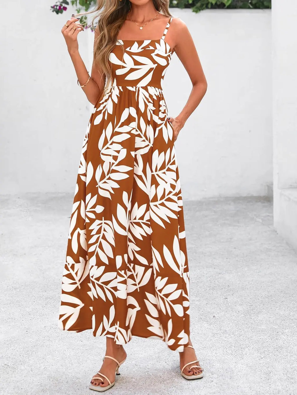 Flora™ | Women's Smocked Boho Floral Maxi Dress – Spaghetti Strap Square Neck Beach Sundress oaklynwear