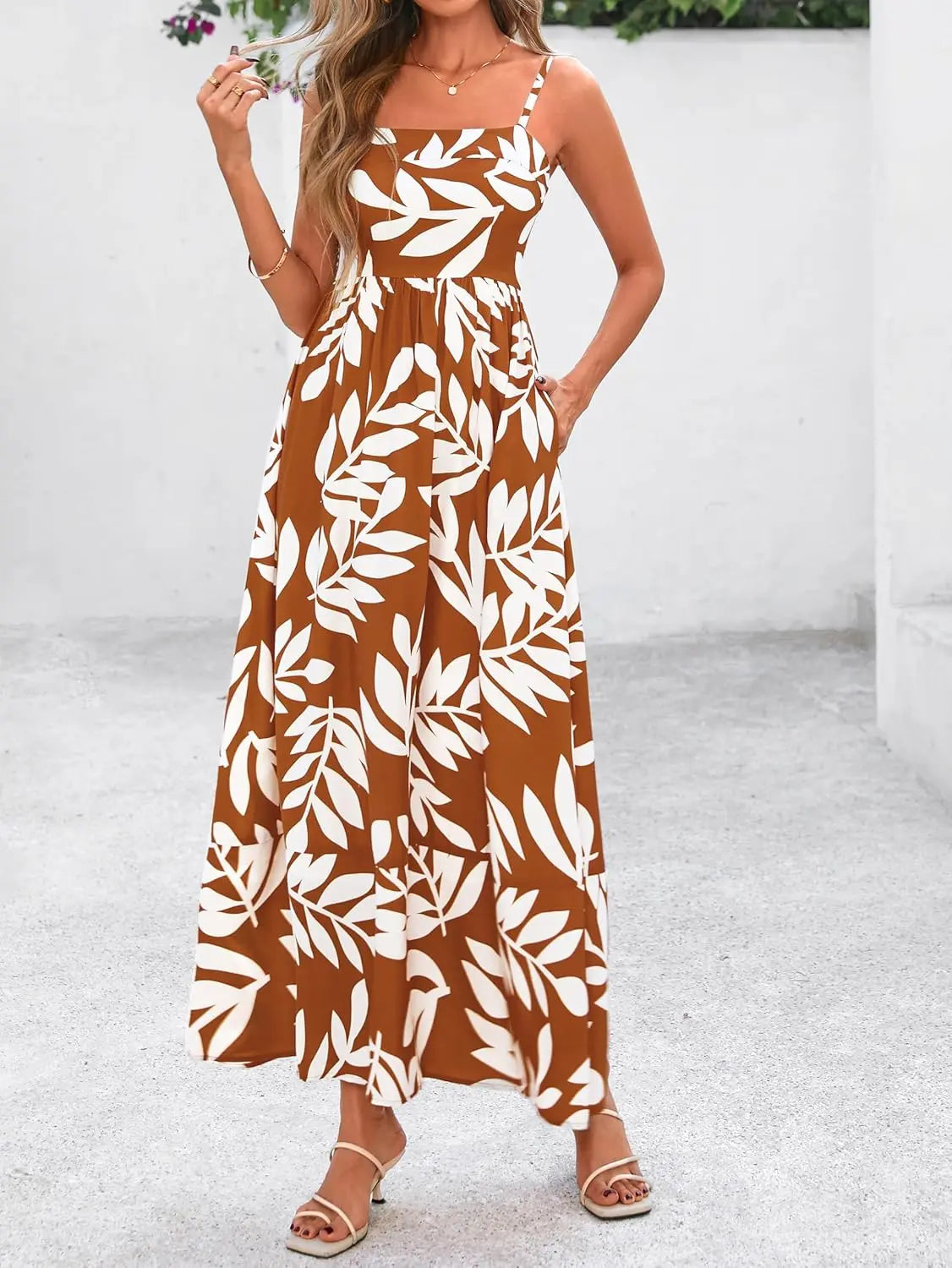 Flora™ | Women's Smocked Boho Floral Maxi Dress – Spaghetti Strap Square Neck Beach Sundress oaklynwear