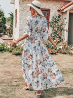 Wrap™ | Women's Boho Floral Wrap Maxi Dress – V-Neck 3/4 Sleeve Belted Slit Beach Wedding Dress oaklynwear