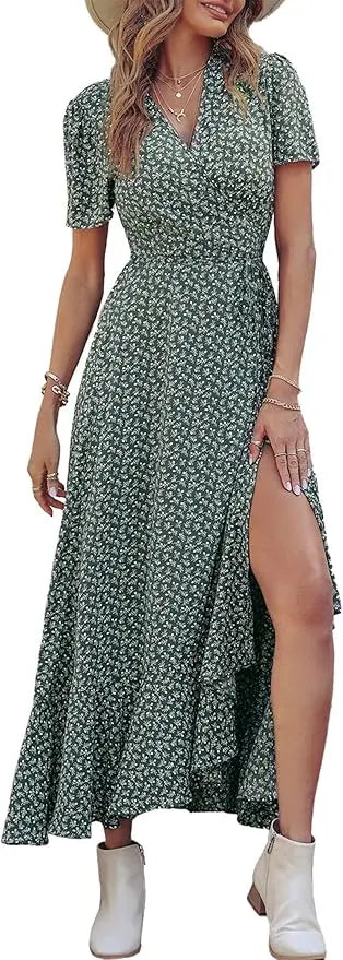 Remi™ | Women's Boho Floral Wrap Maxi Dress – V-Neck Short Sleeve High Split Beach Wedding Dress oaklynwear